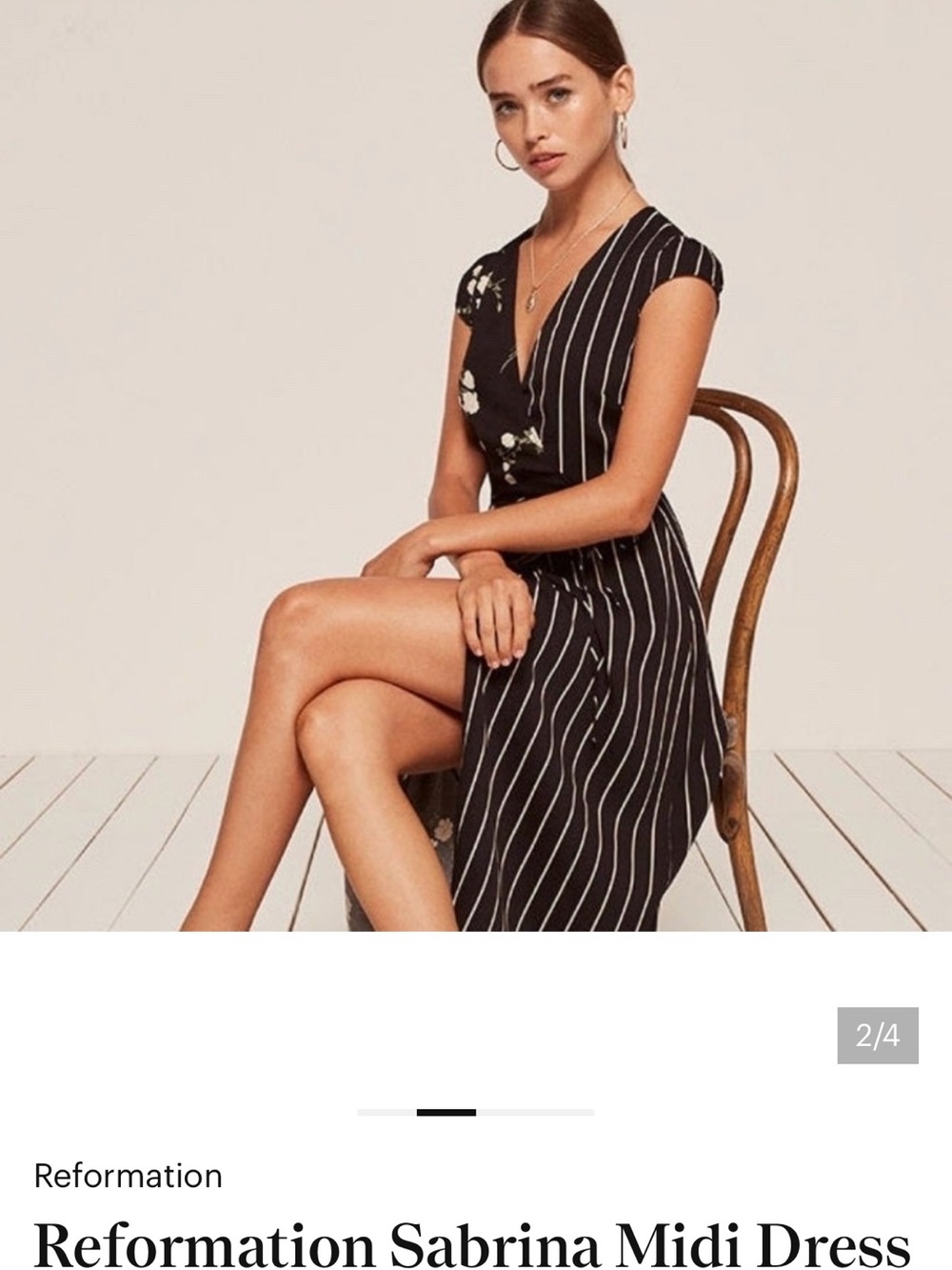 Reformation Black Striped Wrap Midi Dress